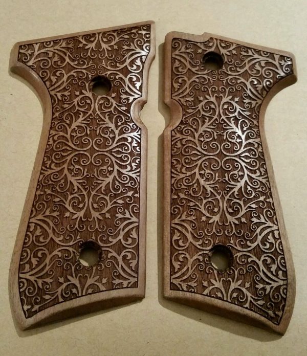 Beretta 92FS, 92A1, 92G, 92D, 96, M9 Compatible Walnut Grips Floral Gun Grips USA-461